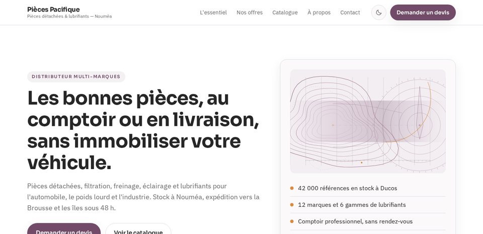 Aperçu du site Pièces Pacifique : accueil, bandeau et familles de pièces