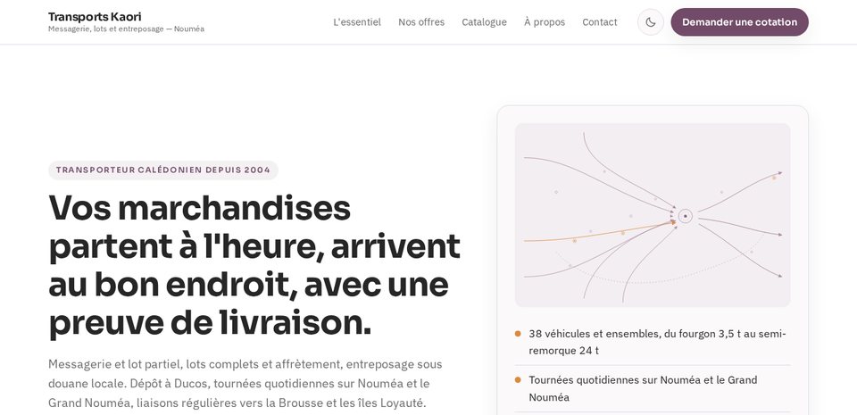 Aperçu du site Transports Kaori : accueil et zones desservies