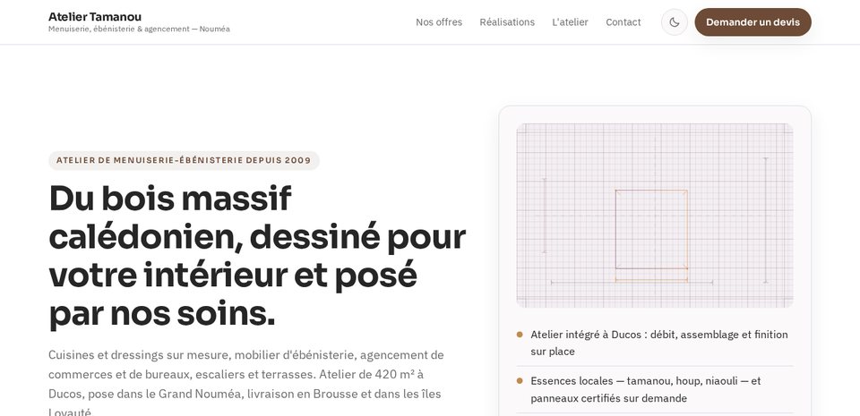 Aperçu du site Atelier Tamanou : accueil et prestations de menuiserie